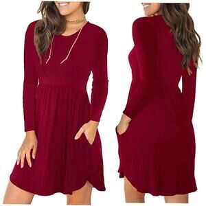 Swing Dress Mini T Shirt Dress Long Sleeve Casual with Pockets - Wine Red L